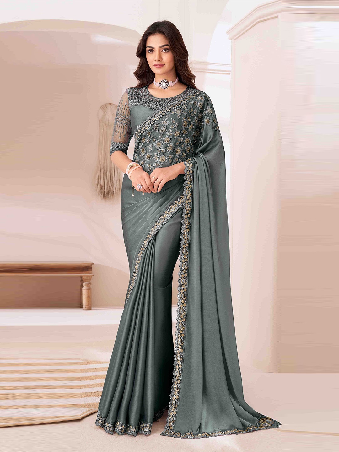 

KIMISHA Embellished Embroidered Pure Georgette Designer Saree, Teal