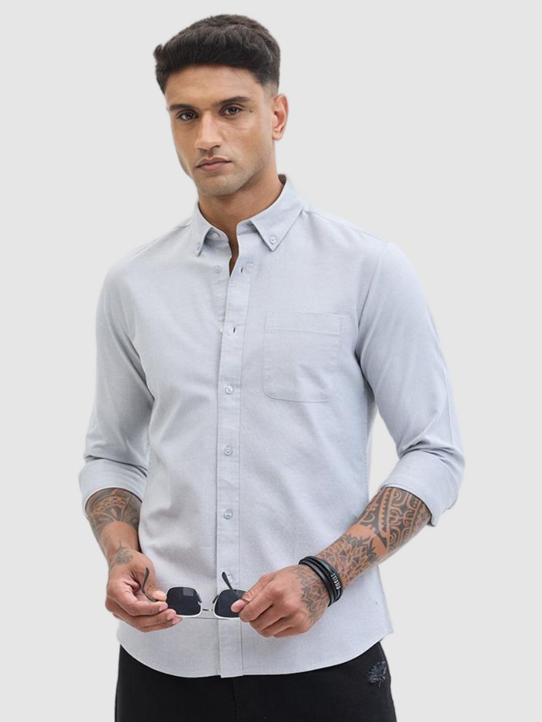 

Snitch Men Smart Fit Button-Down Collar Solid Cotton Casual Shirt, Grey
