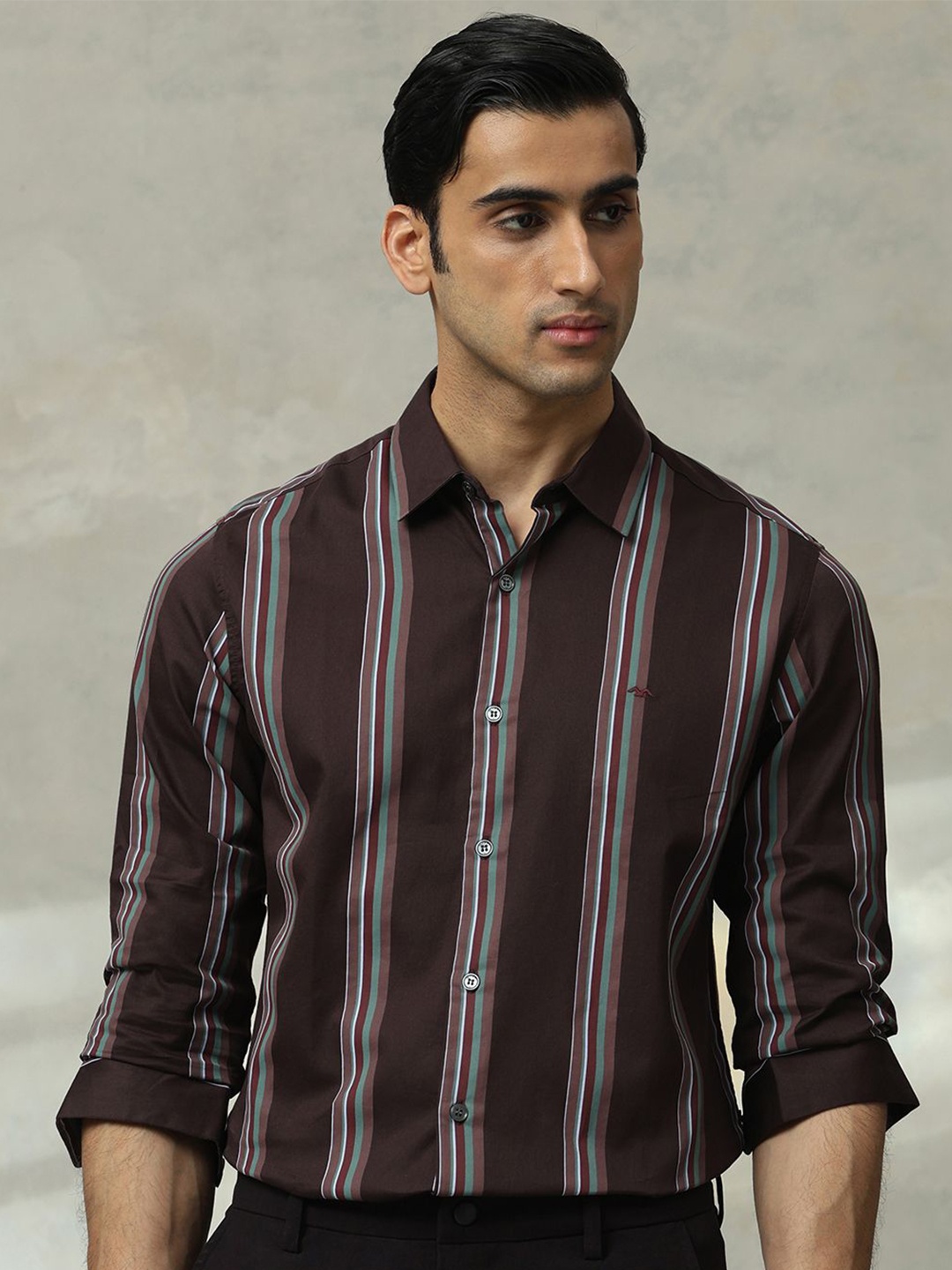 

Mufti Men Slim Fit Spread Collar Vertical Striped Cotton Formal Shirt, Brown