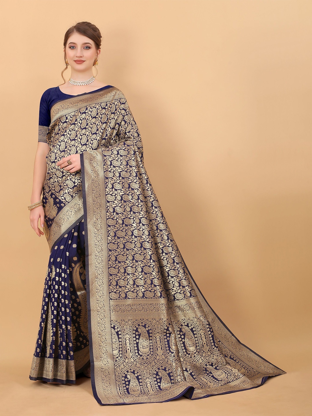 

VEDANT VASTRAM Floral Zari Designer Saree, Navy blue