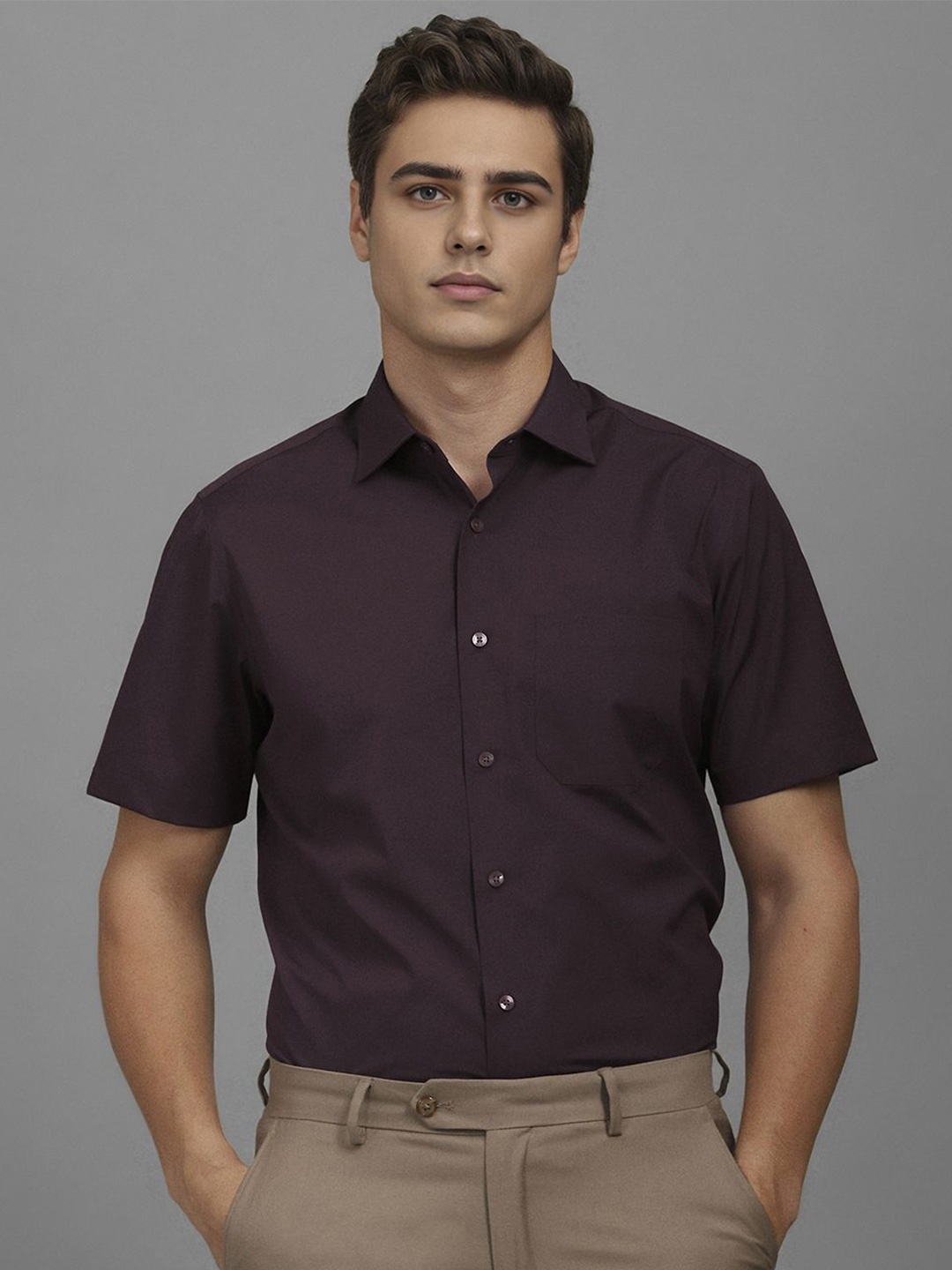

Louis Philippe Men Classic Fit Spread Collar Solid Cotton Formal Shirt, Burgundy