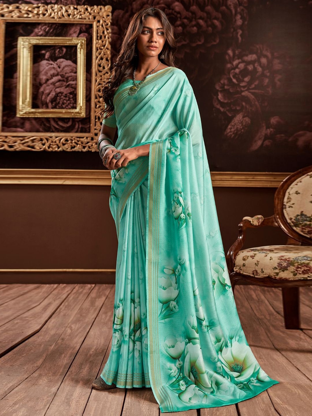 

DEVATITHI Floral Satin Saree, Blue