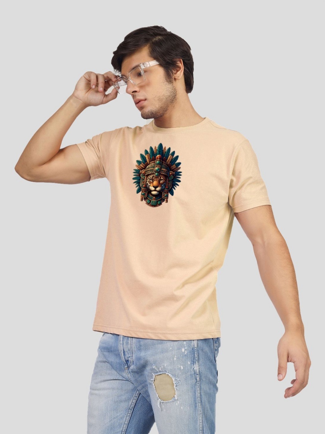 

Greylongg Men Graphic Printed Round Neck Cotton T-shirt, Beige