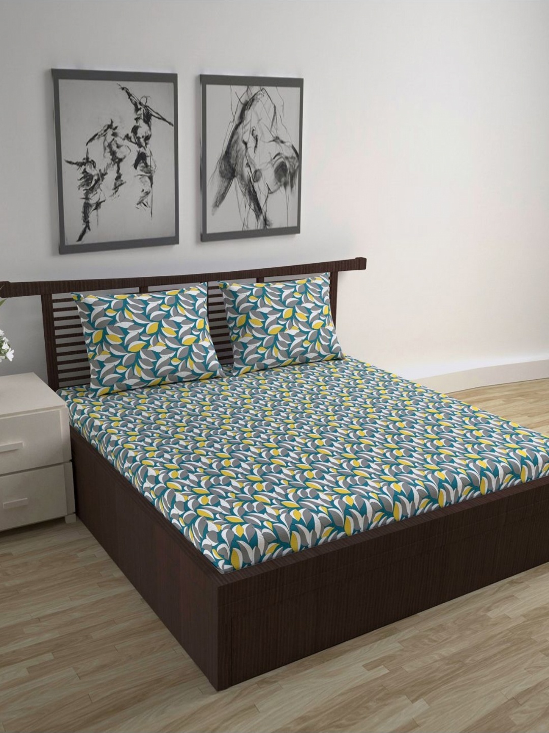 

Divine Casa Florate Yellow & Green Floral Printed 144 TC Queen Bedsheet Set 2.54 x 2.22 m, Grey