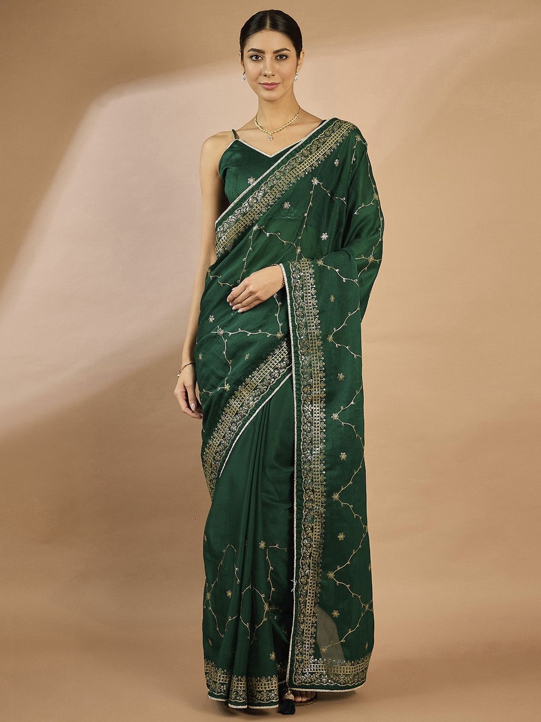 

all about you Embellished Embroidered Organza Saree, Green