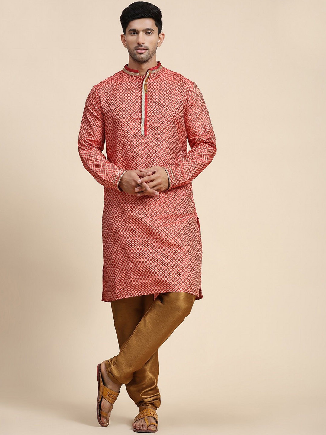 

Moda Rapido Geometric Woven Design Mandarin Collar Straight Kurta With Pyjama, Red