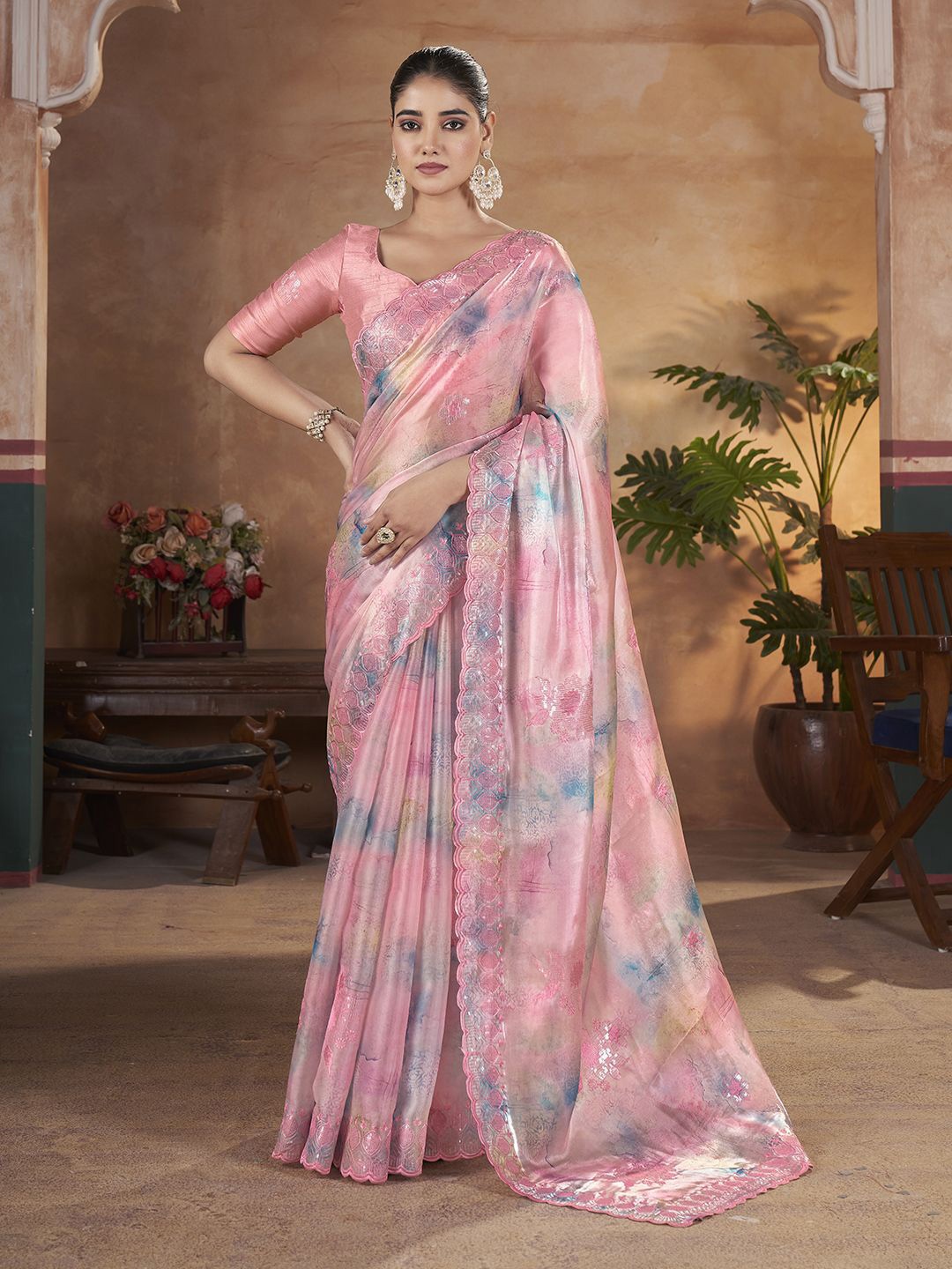 

Mitera Embellished Embroidered Sequinned Organza Saree, Pink