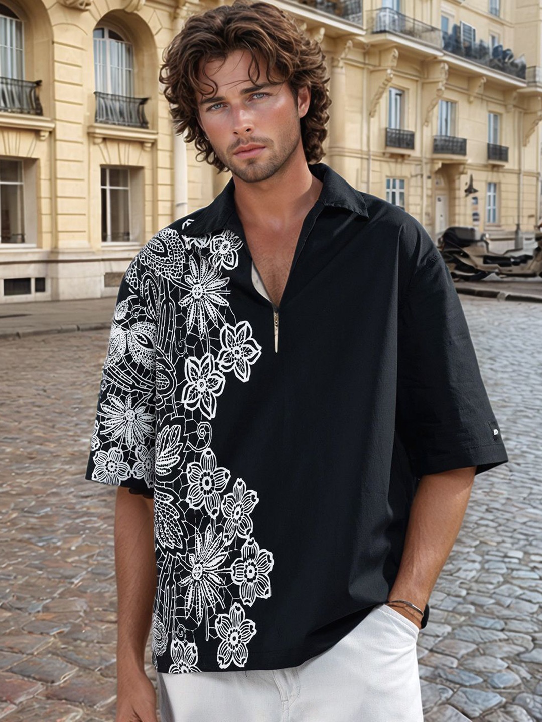 

The Roadster Lifestyle Co Floral Printed Cotton Spread Collar Casual Shirt, Black
