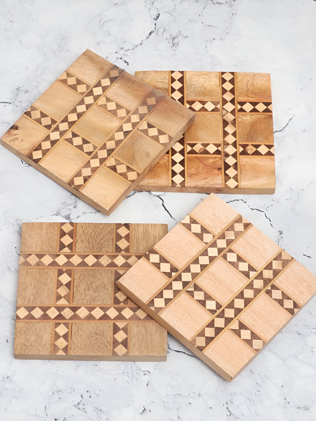 

Indianshelf Brown & Beige 4 Pcs Geometric Printed Square Wooden Dining Table Coasters