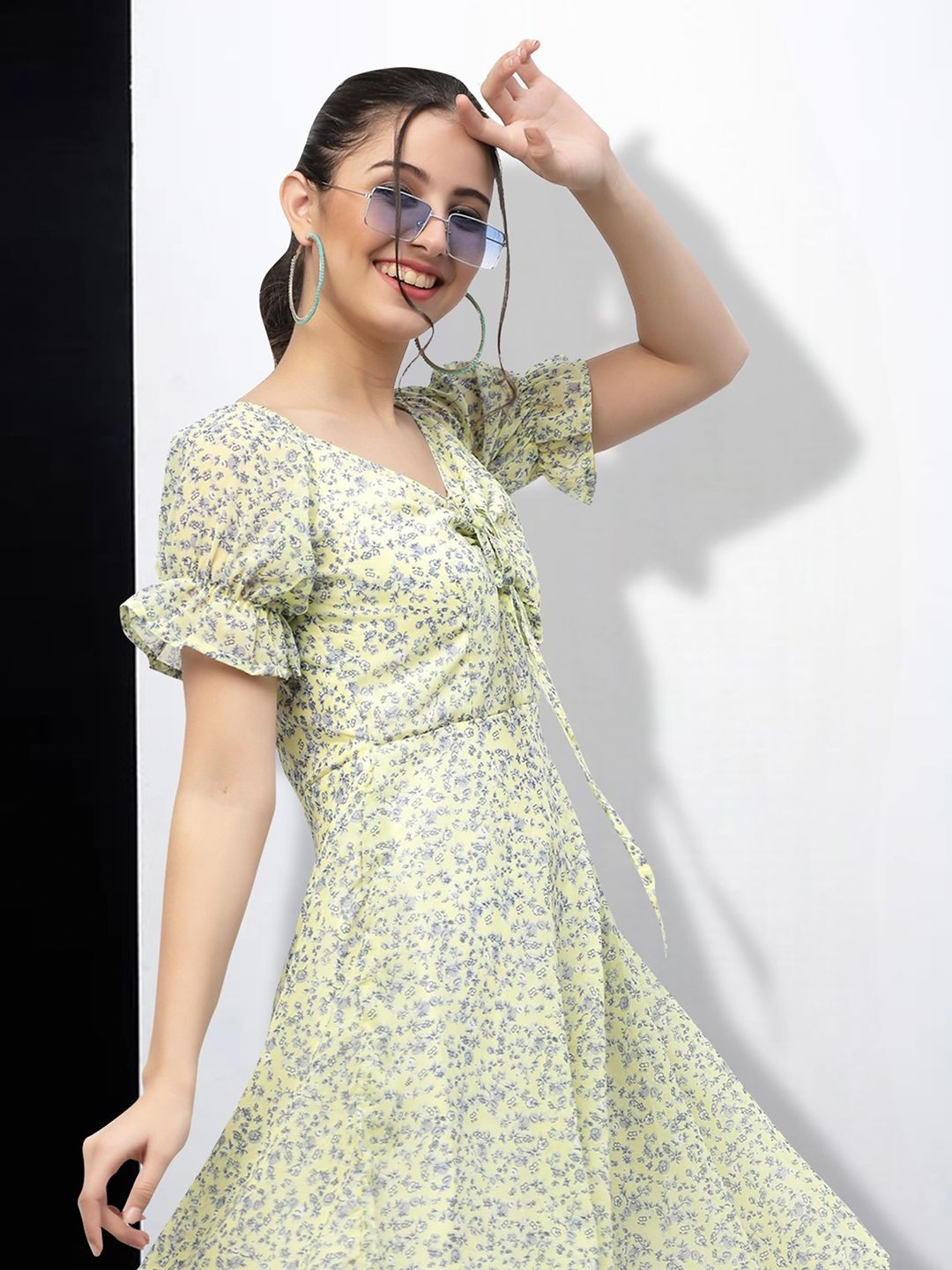 

MISS AYSE Women Floral Print Tie-Up Neck Applique Fit & Flare Dress, Yellow