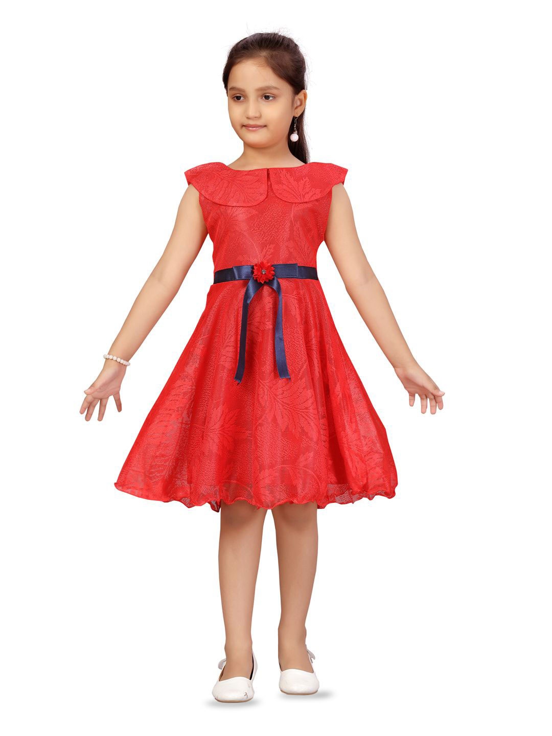 

YK Girls Floral Net Fit & Flare Dress, Red