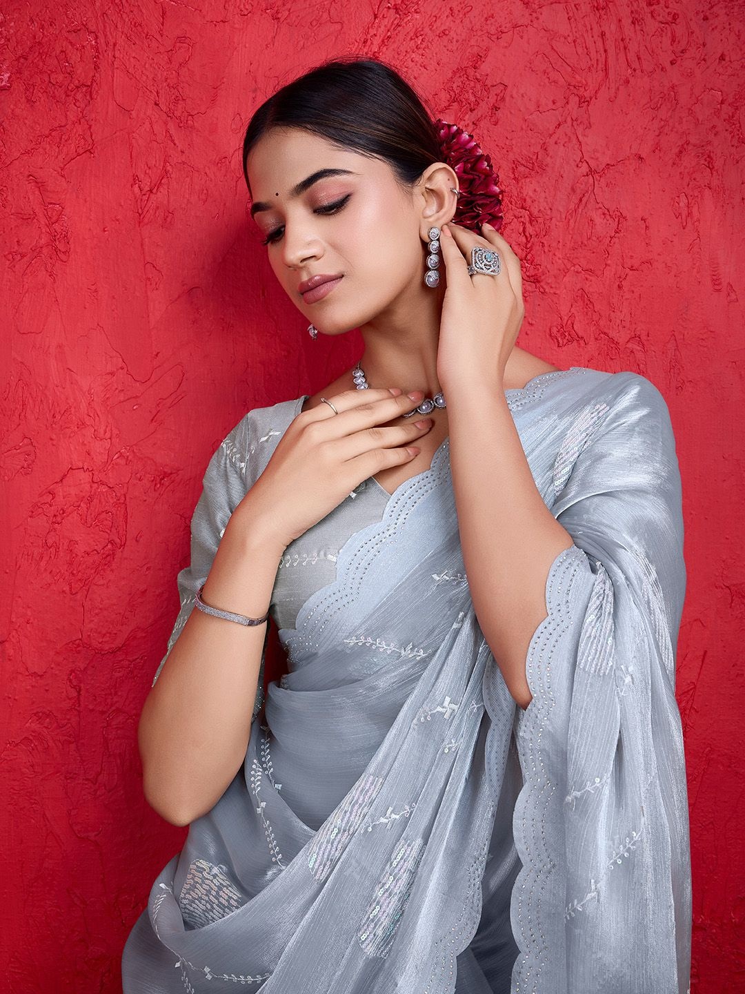

Mitera Ethnic Motifs Embellished Saree, Grey