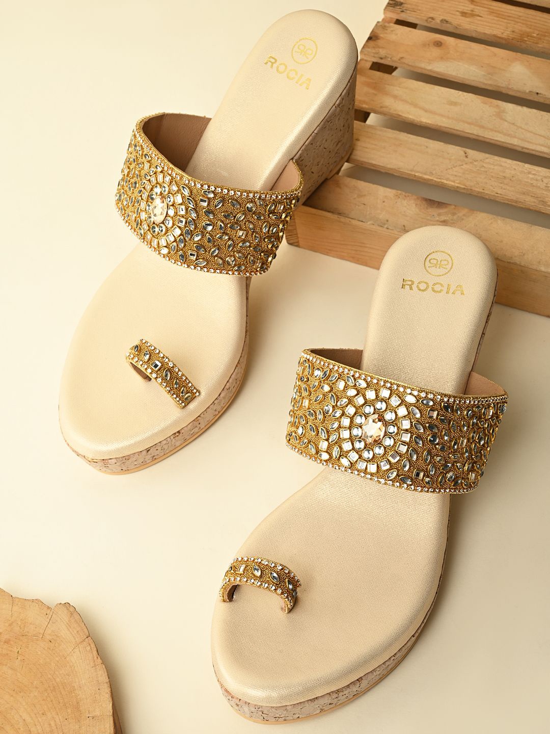 

Rocia Wedge Heel One Toe Kundan Work Sandals, Gold