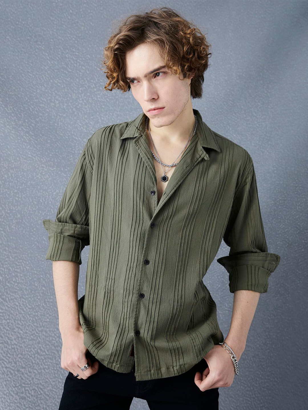 

Voltedge Men Premium Relaxed Fit Pleat Textured Cotton Stretch Casual Shirt, Olive