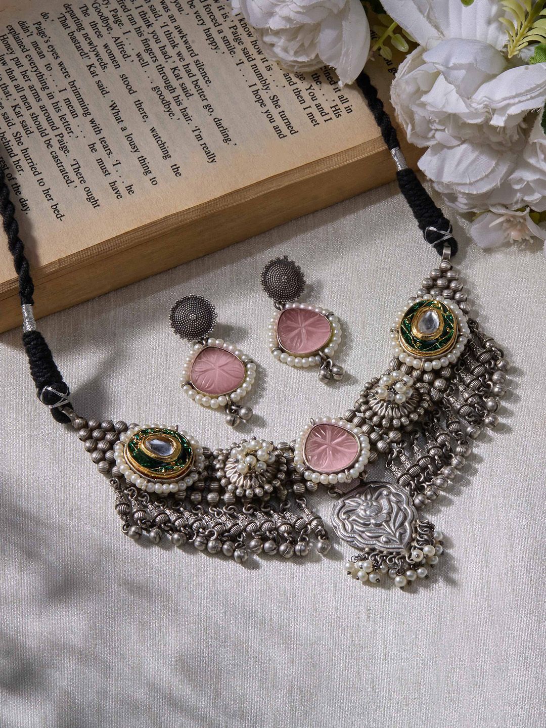 

Priyaasi Silver Plated Quartz Stone Studded Oxidized Jewellery Set