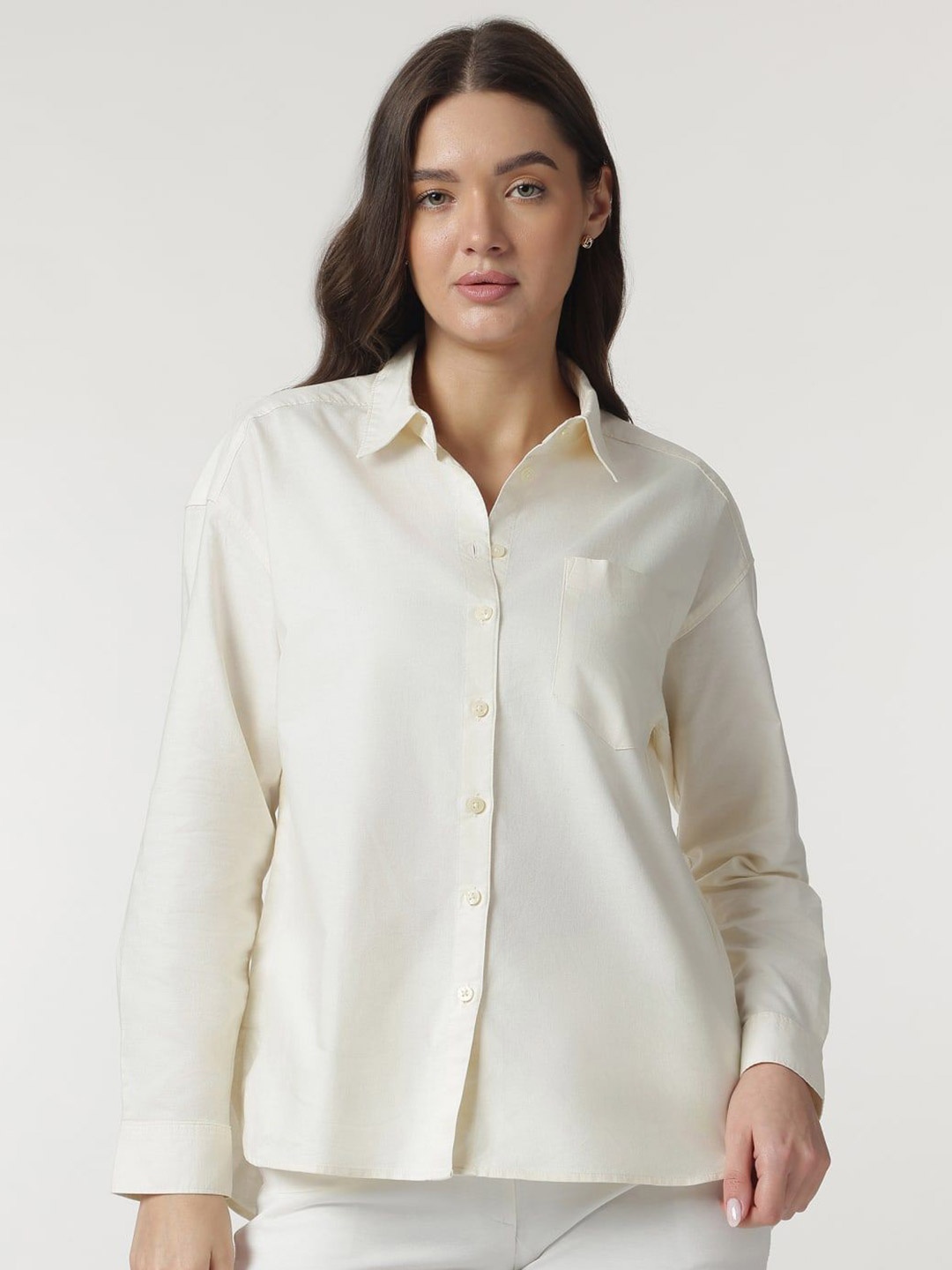 

Marks & Spencer Women Spread Collar Solid Cotton Casual Shirt, Beige