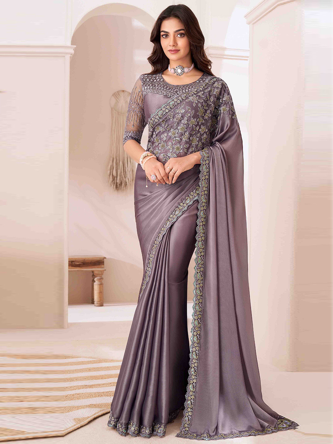 

KIMISHA Embellished Embroidered Pure Georgette Saree, Grey