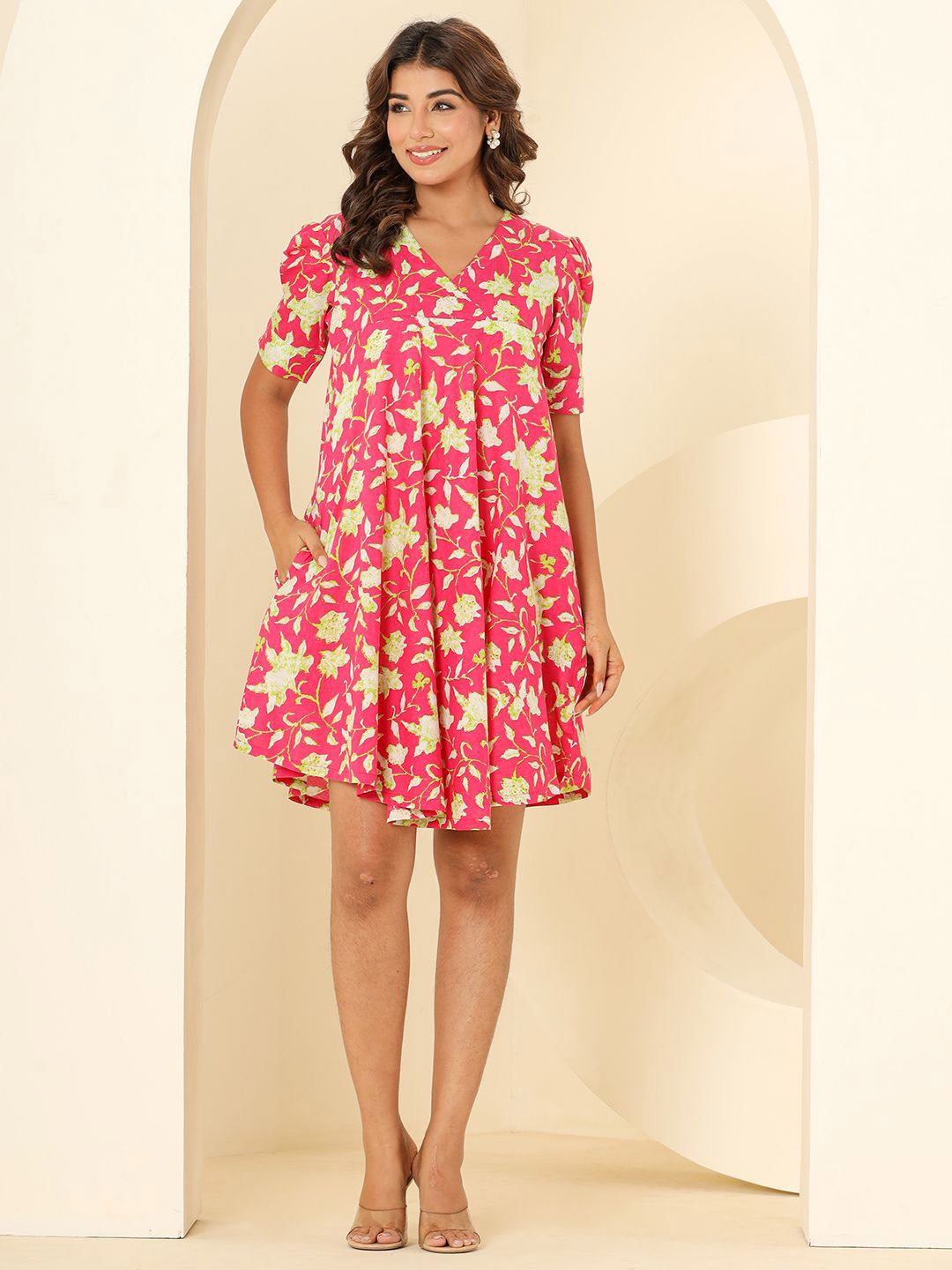 

Eco Clothing Floral Printed Cotton Empire Dress, Fuchsia