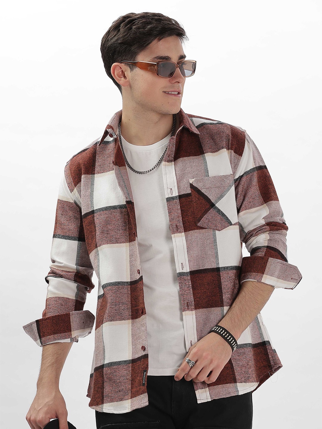 

BUMCHIQ Men Comfort Oversized Fit Spread Collar Checked Cotton Casual Shirt, Maroon