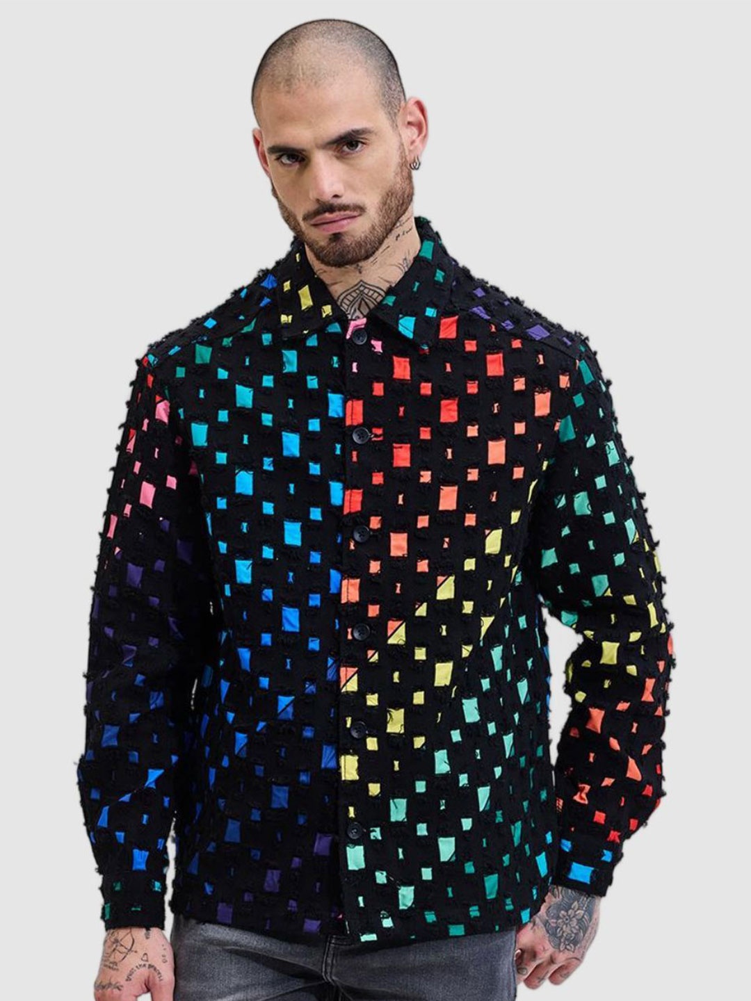 

Snitch Men Spread Collar Geometric Printed Cotton Casual Tailored Jacket, Black