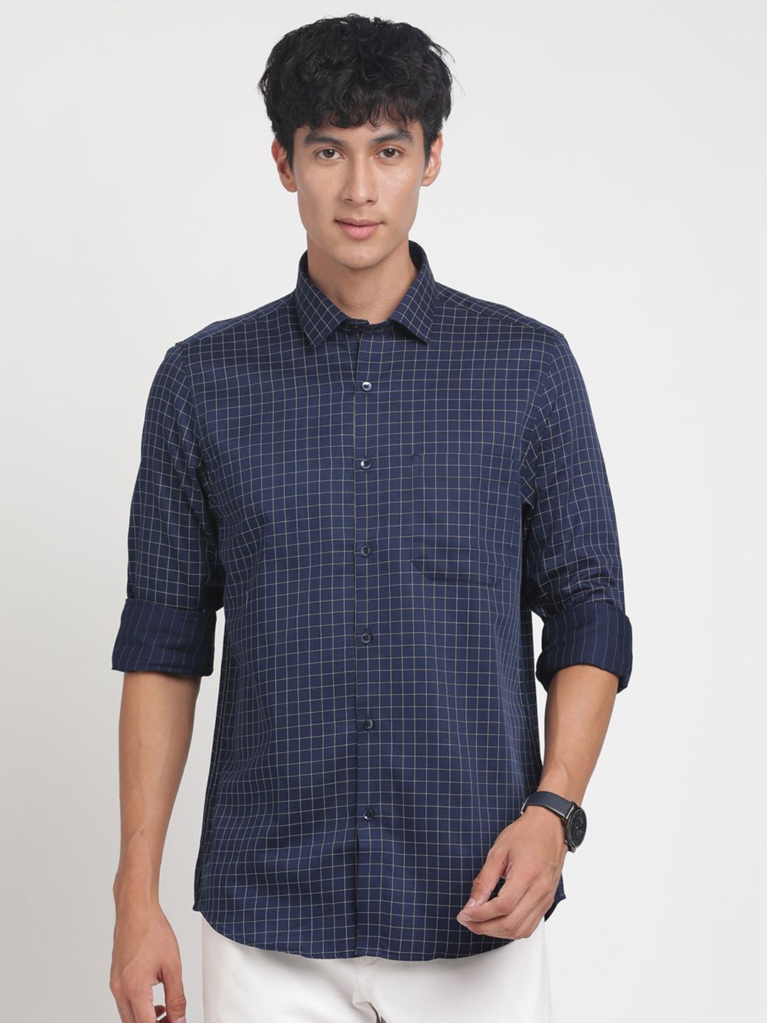 

Turtle Men Standard Fit Spread Collar Grid Tattersall Checked Cotton Casual Shirt, Navy blue