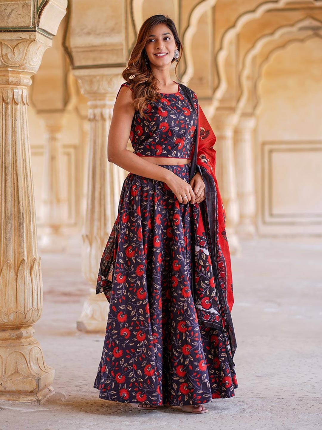 

Jaitpuriya Printed Ready to Wear Lehenga & Blouse With Dupatta, Black