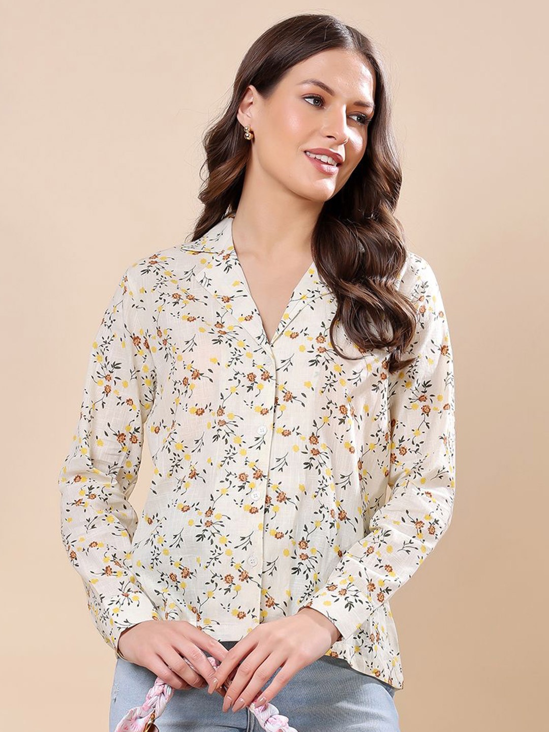 

Cation Women Classic Fit Cuban Collar Floral Printed Cotton Casual Shirt, White