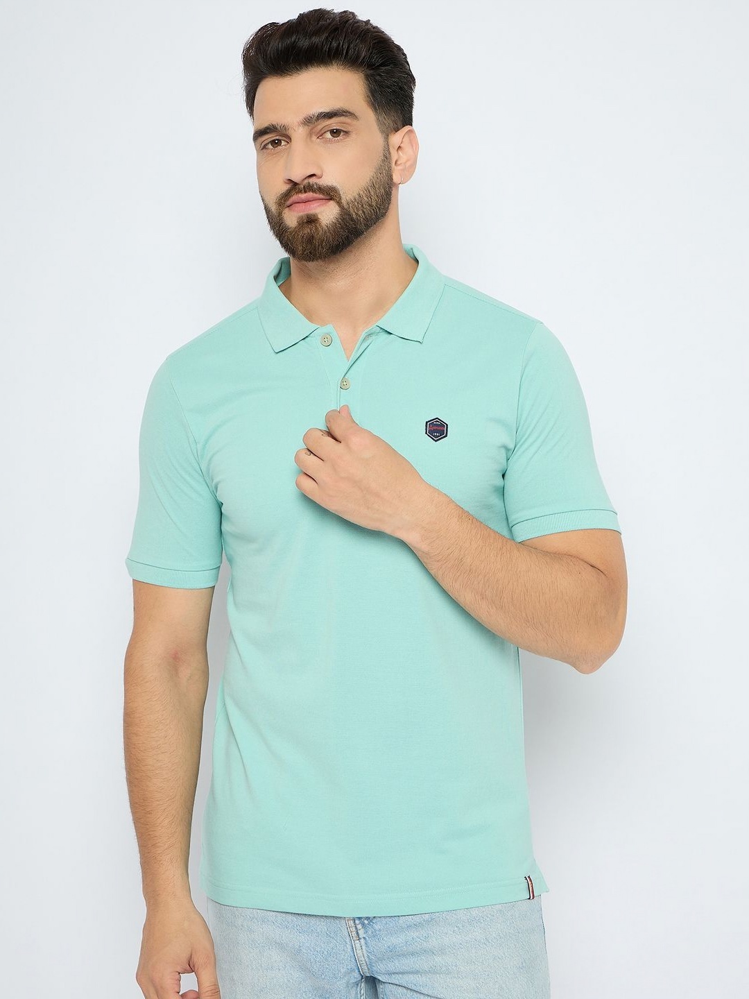 

AXMANN Men Solid Polo Collar Cotton T-shirt, Sea green