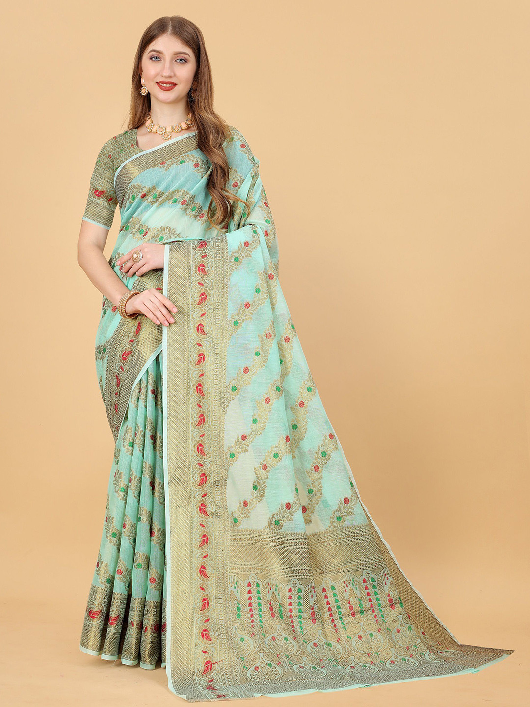 

VEDANT VASTRAM Floral Woven Design Zari Saree, Sea green