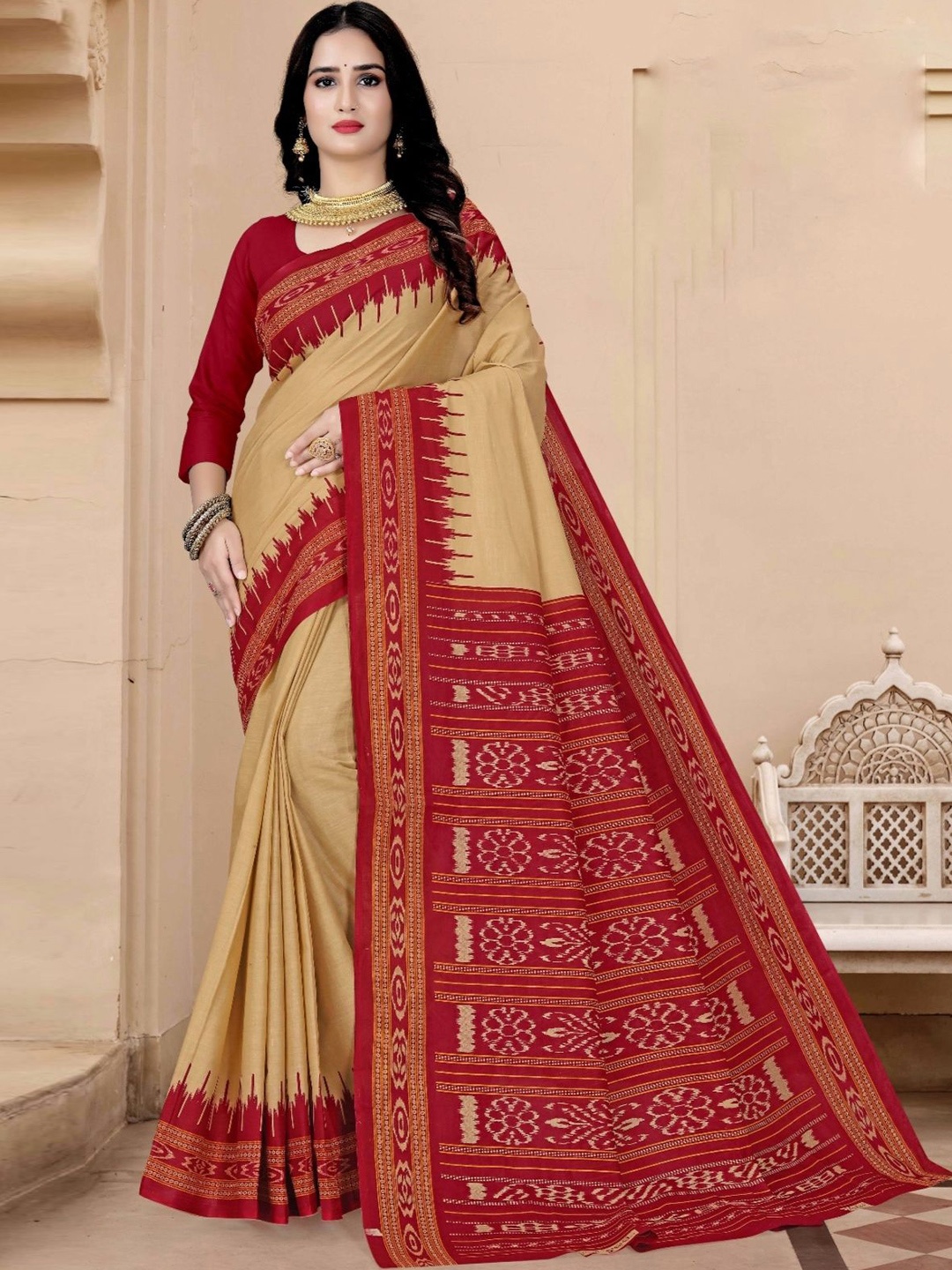 

pasapalli Floral Pure Cotton Sambalpuri Saree, Brown