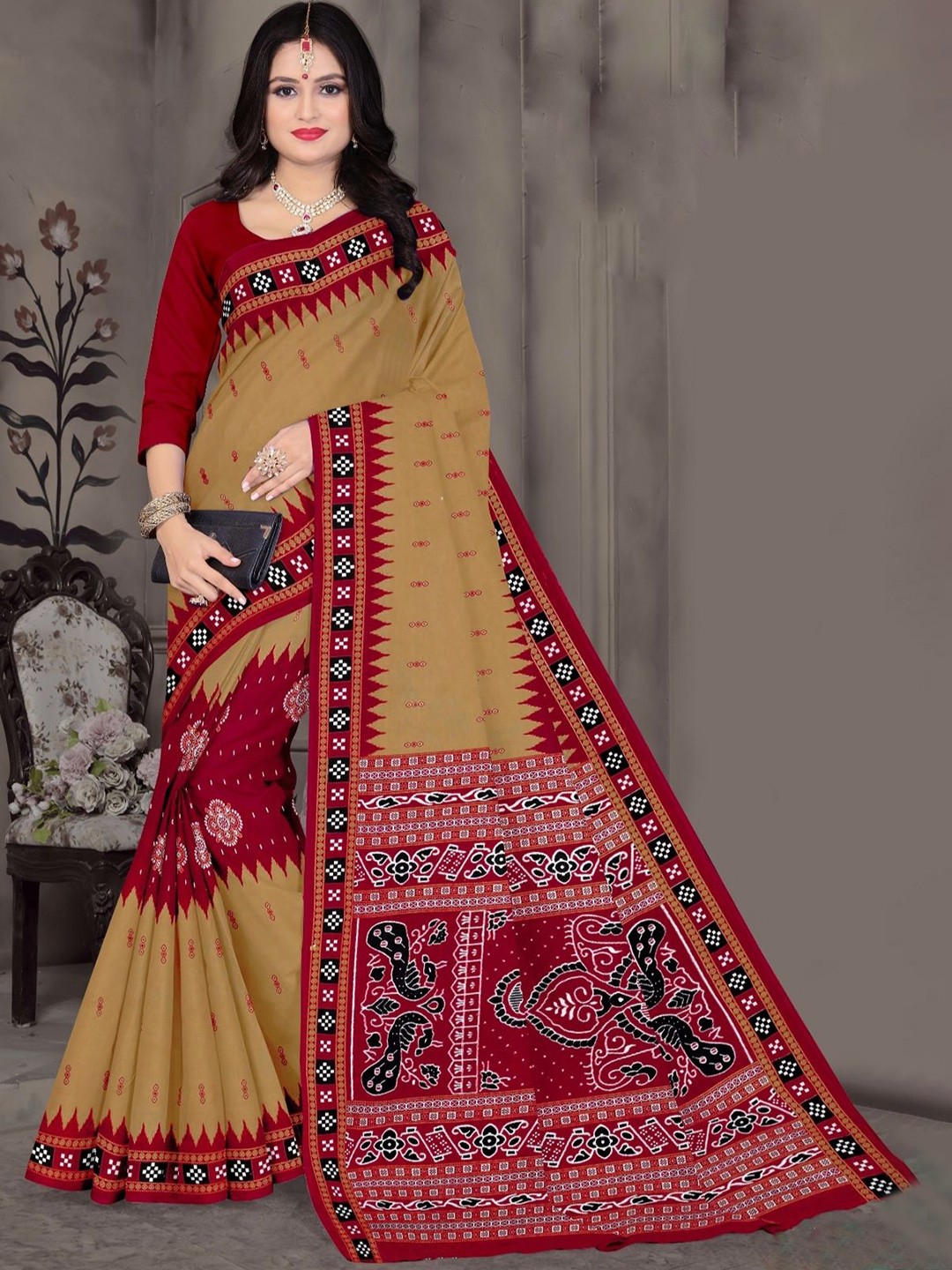 

pasapalli Ethnic Motifs Pure Cotton Sambalpuri Saree, Brown