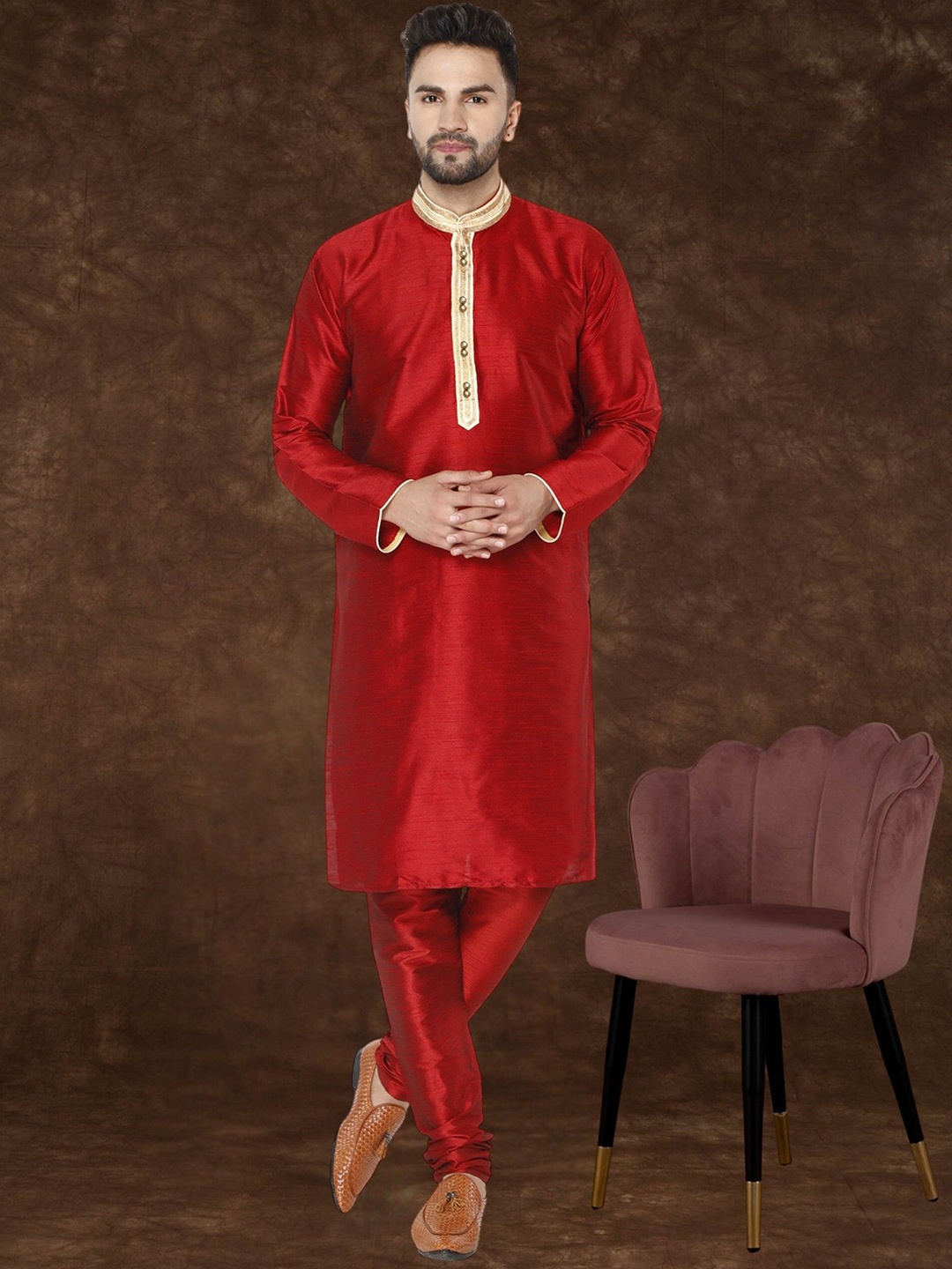 

Moda Rapido Mandarin Collar Straight Kurta With Churidar, Red