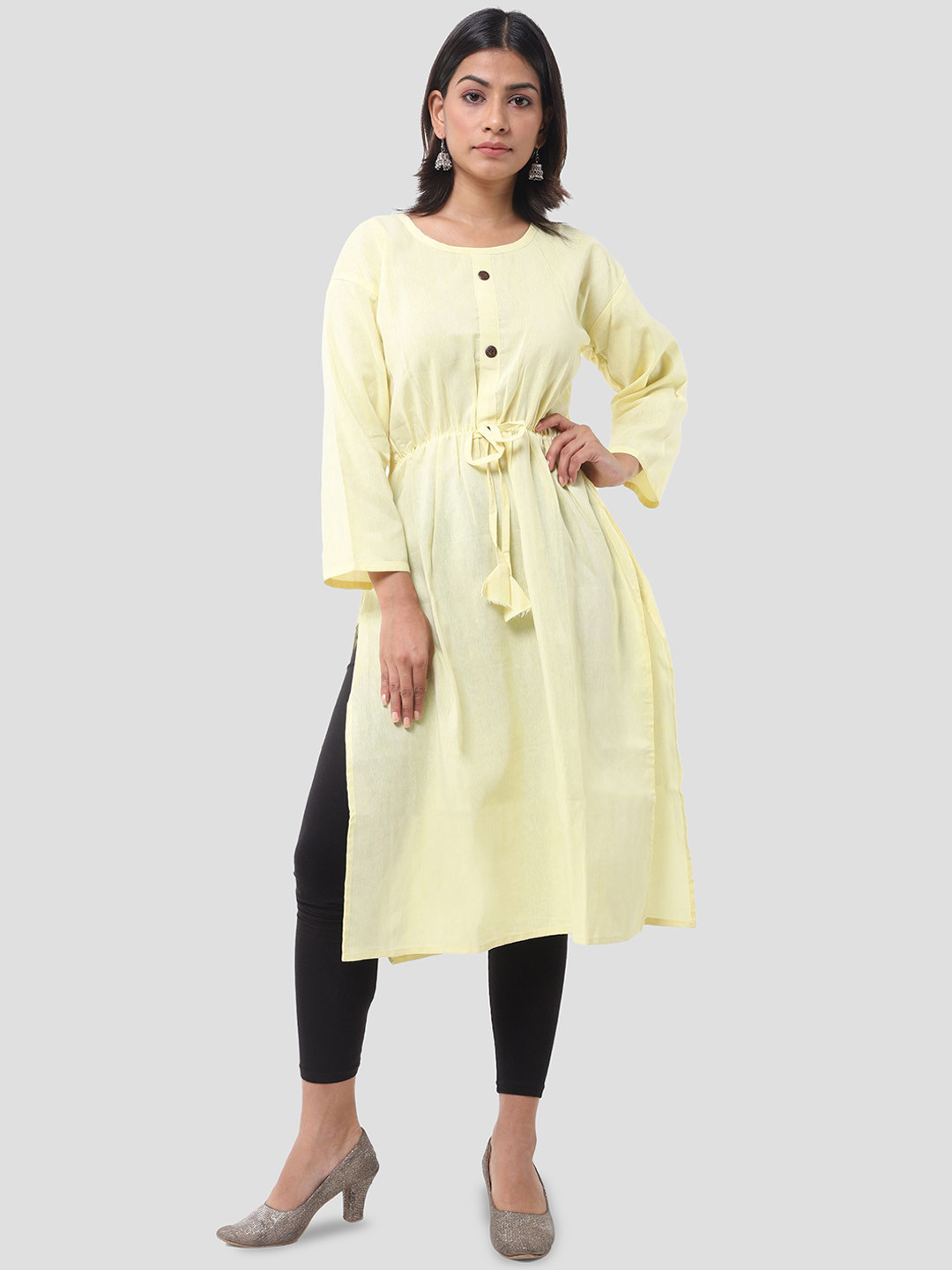 

DESHBANDHU DBK Pleated Round Neck Pure Cotton Staright Kurta, Yellow