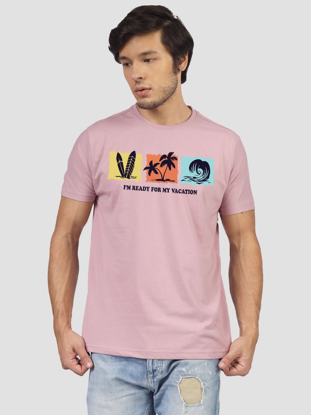 

Greylongg Men Graphic Printed Round Neck Cotton T-shirt, Pink