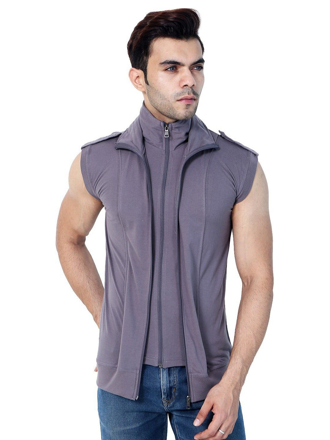 

Black Collection Solid Turtle Neck Double Zipper Sleeveless Slim Fit T-Shirt, Grey
