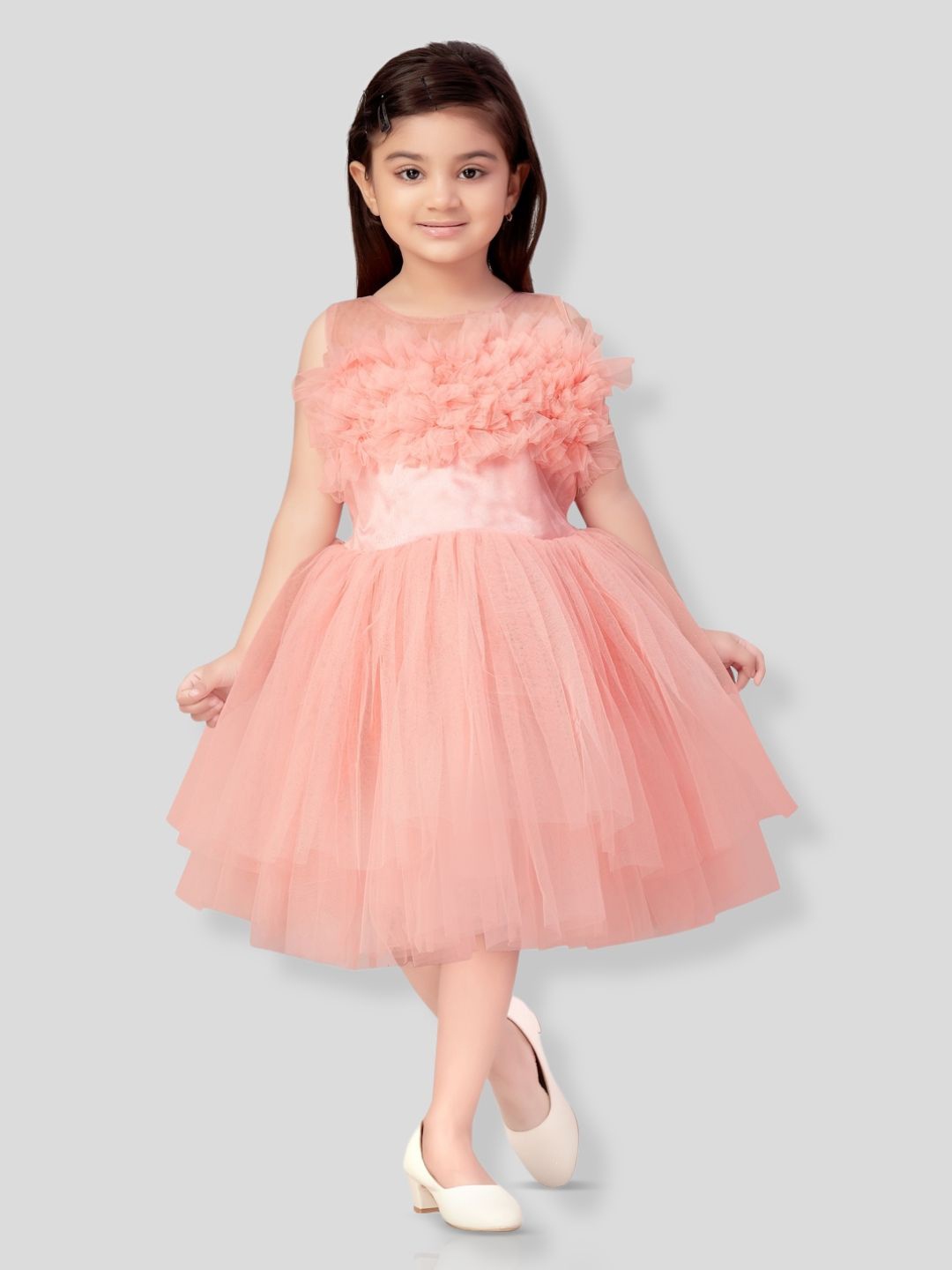 

YK Girls Ruffles Midi Fit & Flare Dress, Peach