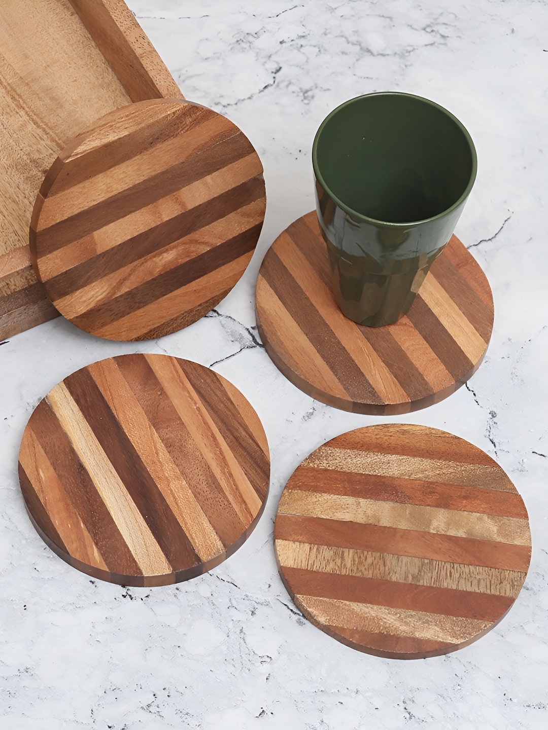 

Indianshelf Brown And Beige 4 Pieces Striped Wood Round Coasters