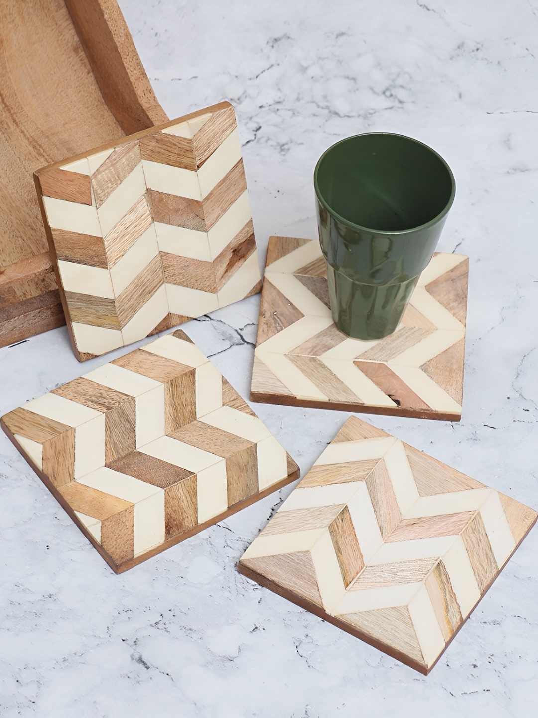 

Indianshelf Brown & Beige 4 Pieces Chevron Textured Square Shaped Wooden Coasters