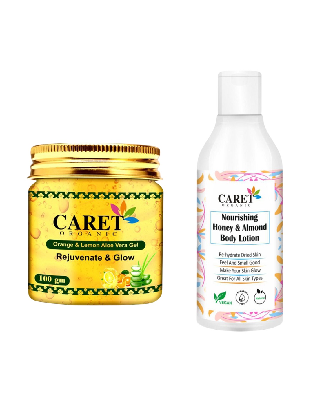 

CARET ORGANIC Set Of 2 Orange & Lemon Aloevera Gel- 100 g & Almond Body Lotion- 250 g, White