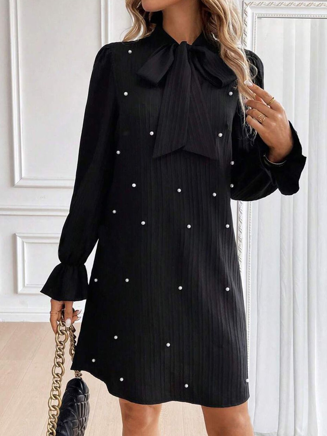 

StyleCast x Revolte Embroidered Bishop Sleeve Satin Fit & Flare Dress, Black