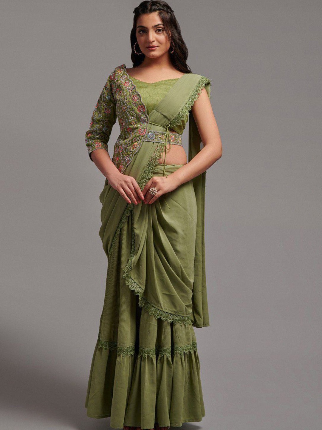 

Anouk Ready to Wear Saree With Stitched Blouse, Olive