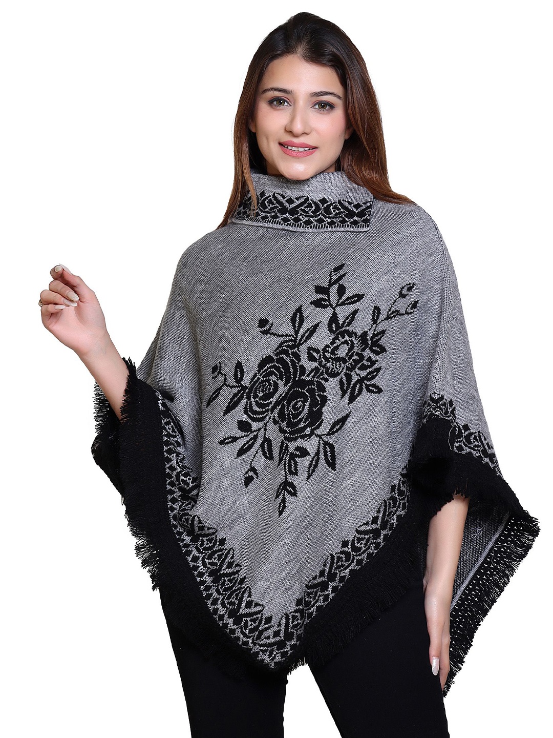 

DISCOVERYLINE Women Floral Self Design Poncho, Grey