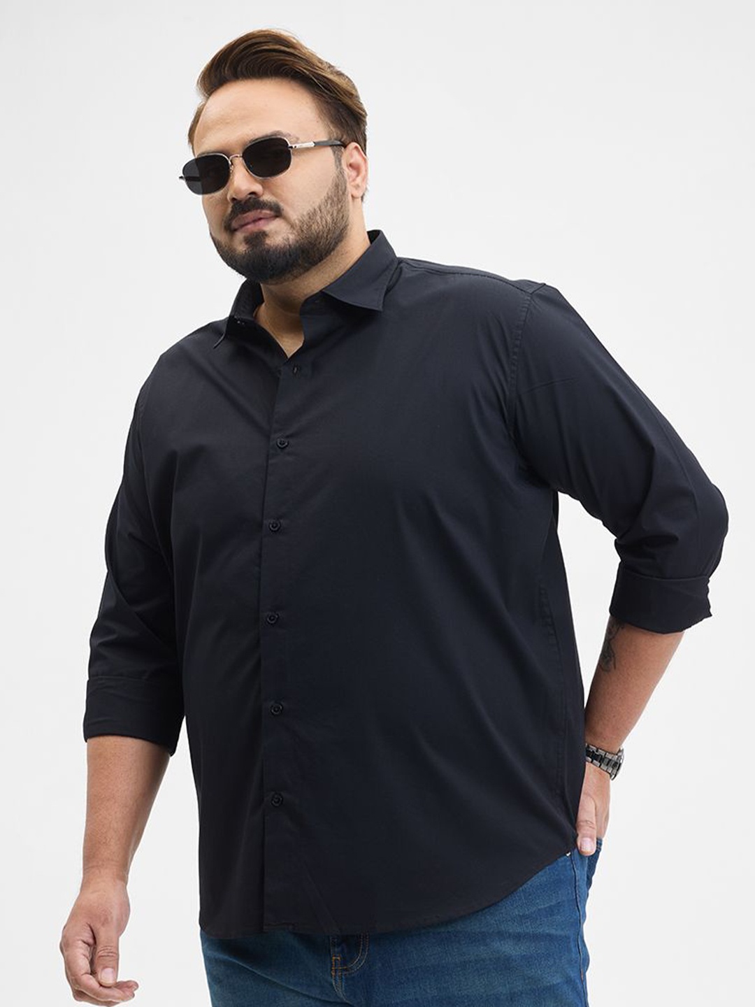 

Snitch Men Classic Fit Spread Collar Solid Cotton Casual Shirt, Black