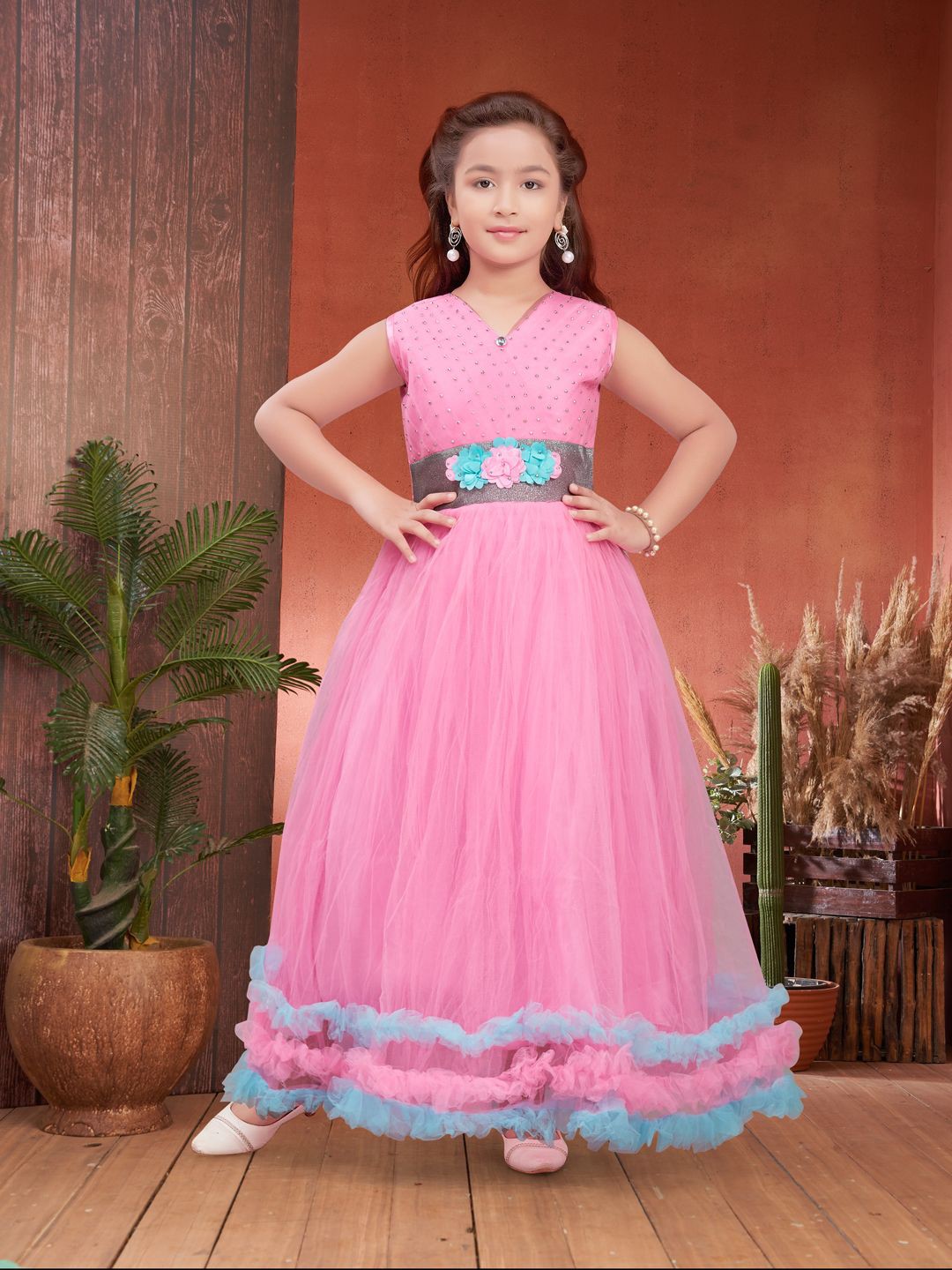 

YK Girls Self Design Net Maxi Dress, Pink
