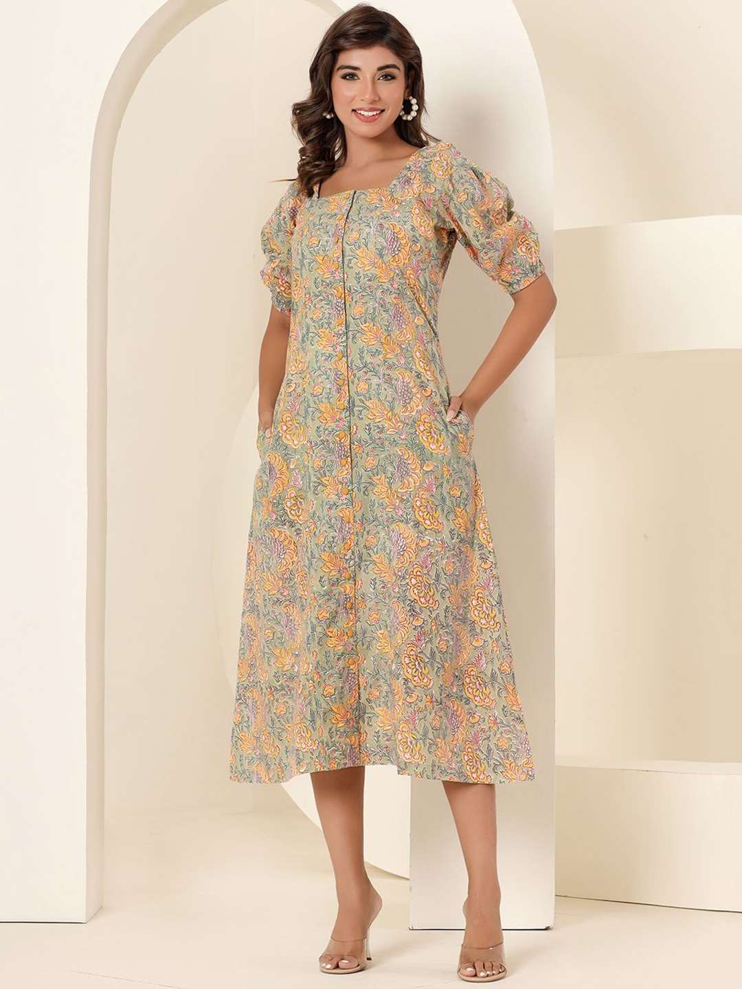 

Eco Clothing Women Floral Printed Puff Sleeve Midi A-Line Dress, Green