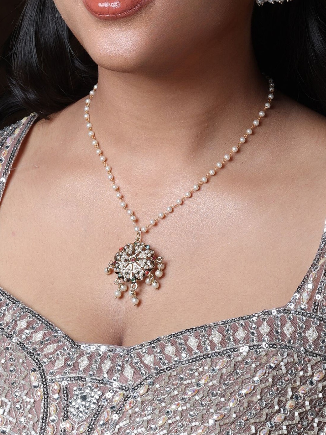 

QUEENS JEWELS Gold-Plated Artificial Stones Studded and Beaded Floral Shaped Pendants