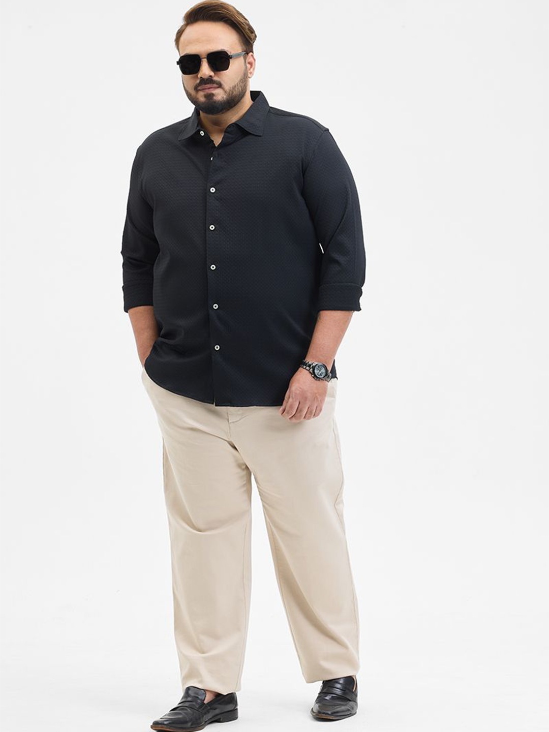 

Snitch Men Classic Fit Spread Collar Textured Casual Shirt, Black
