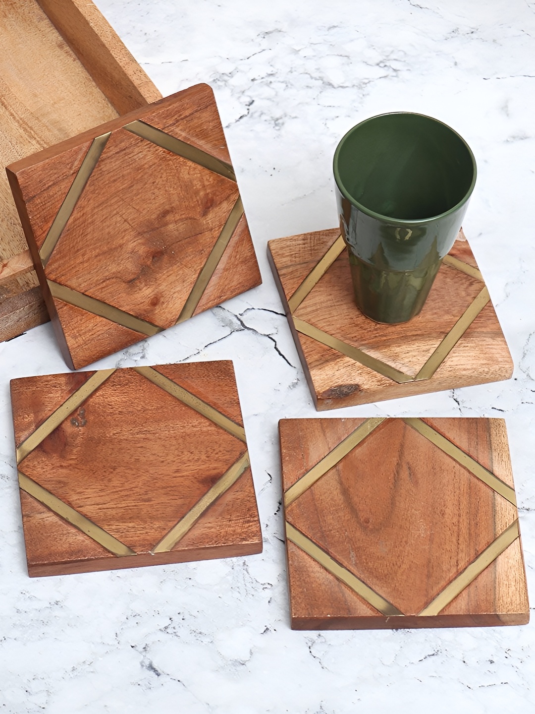 

Indianshelf Brown 4 Pieces Geometric Square Wooden And Metal Coasters