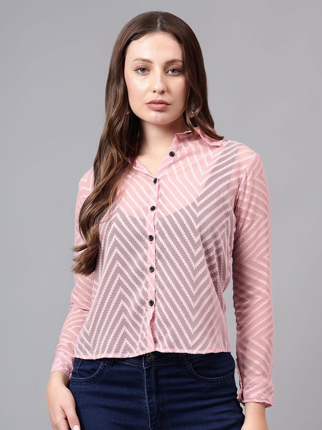 

Bright Nex Women Relaxed Boxy Fit Spread Collar Textured Casual Shirt, Pink