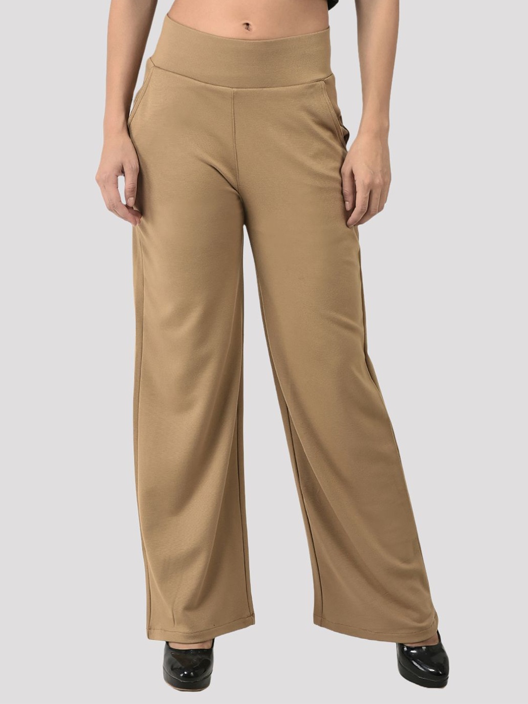 

FNOCKS Women Flared Knitted Palazzos, Beige